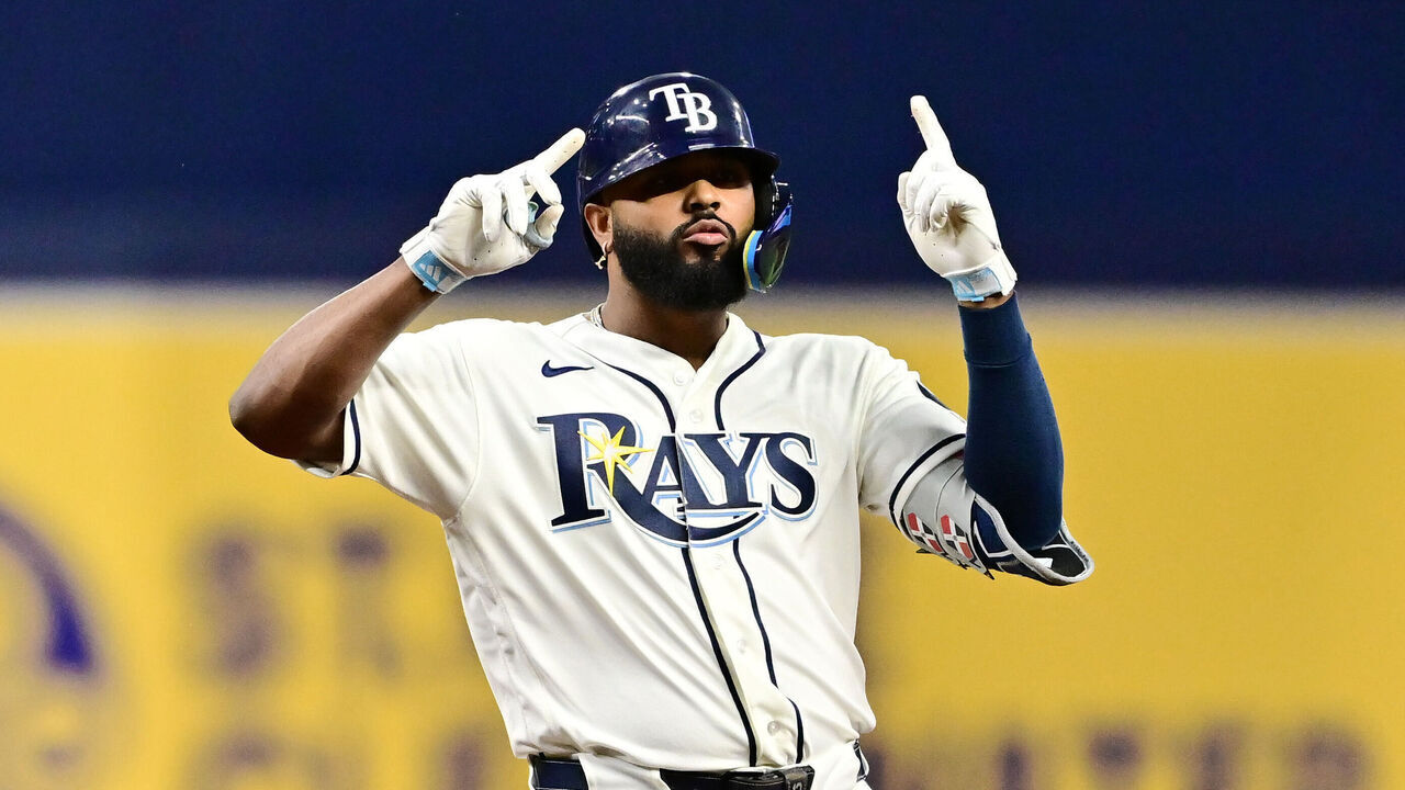 ST PETERSBURG, FLORIDA - MAY 19: Junior Caminero #13 of the Tampa Bay Rays reacts after hitting a double in the third inning against the Baltimore Orioles at Tropicana Field on May 19, 2026 in St Petersburg, Florida.