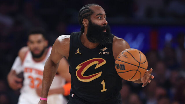 NEW YORK, NEW YORK - MAY 19: James Harden #1 of the Cleveland Cavaliers drives against the New York Knicks during the first quarter in Game One of the NBA Eastern Conference Finals at Madison Square Garden on May 19, 2026 in New York City.