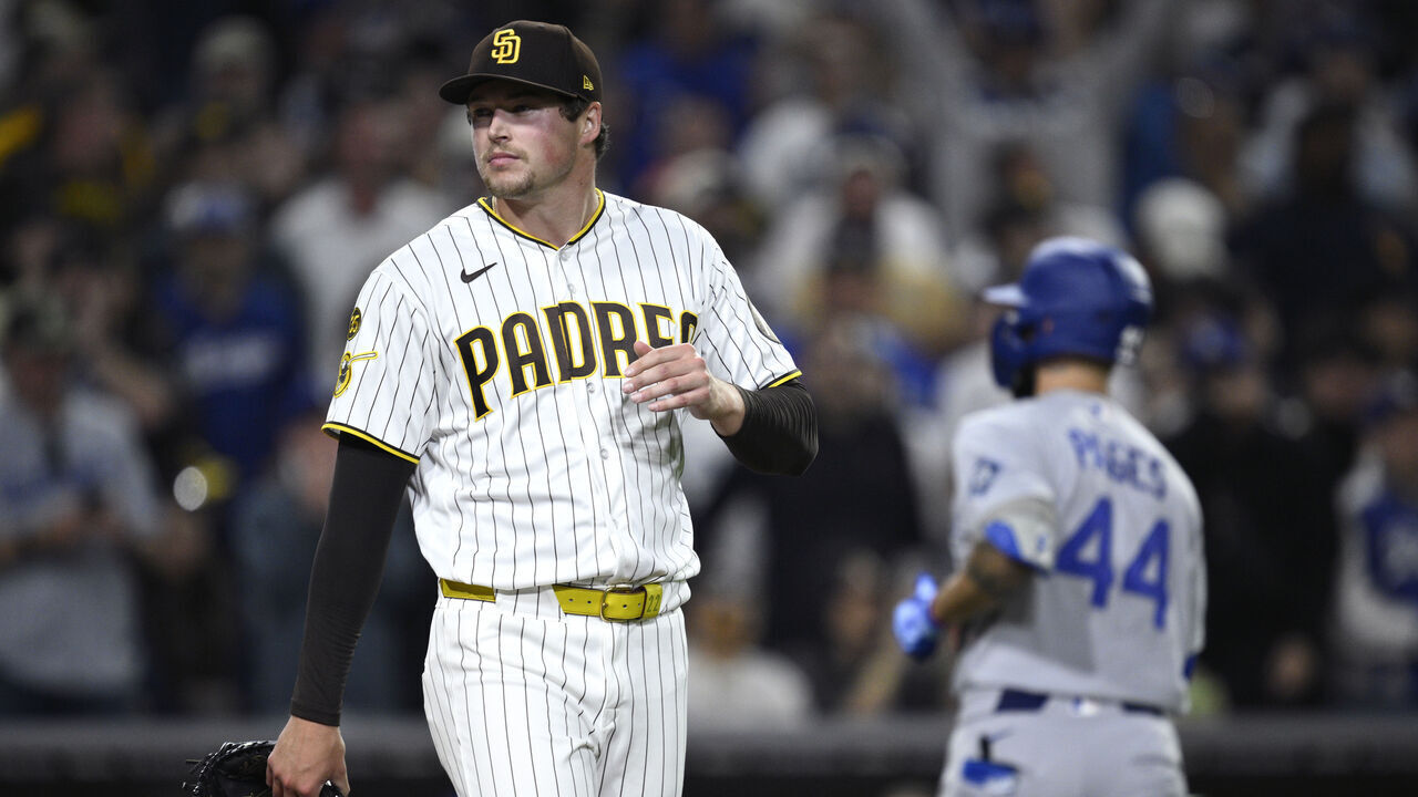SAN DIEGO, CALIFORNIA - MAY 19: Mason Miller #22 of the San Diego Padres looks on during the ninth inning against the Los Angeles Dodgers at Petco Park on May 19, 2026 in San Diego, California.