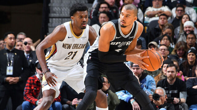 SAN ANTONIO, TX - JANUARY 25: Victor Wembanyama #1 of the San Antonio Spurs looks to pass the ball during the game against the New Orleans Pelicans on January 25, 2026 at the Frost Bank Center in San Antonio, Texas. Mandatory Copyright Notice: Copyright 2026 NBAE (Photos by Michael Gonzales/NBAE via Getty Images)