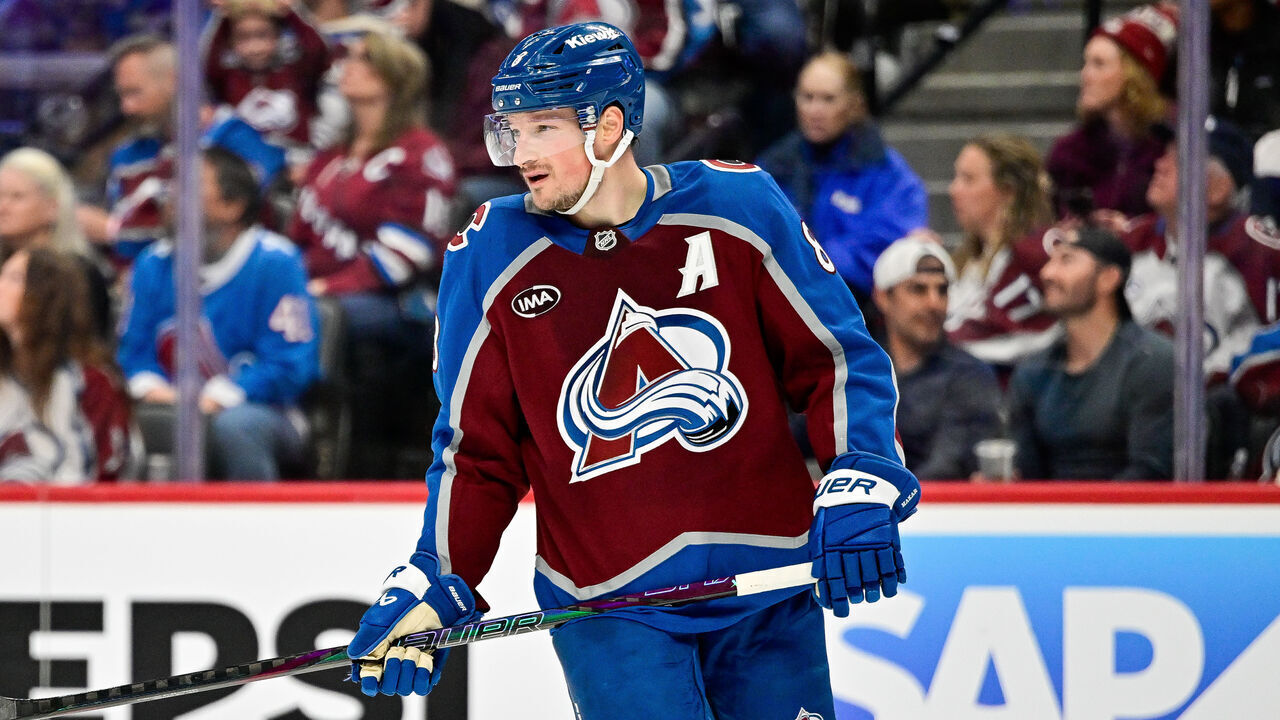 DENVER, CO - MAY 13: Colorado Avalanche defenseman Cale Makar (8) skates during a break in play in the third period of the Minnesota Wild versus Colorado Avalanche game five Stanley Cup Playoffs Second Round game at Ball Arena in Denver, Colorado on May 13, 2026.