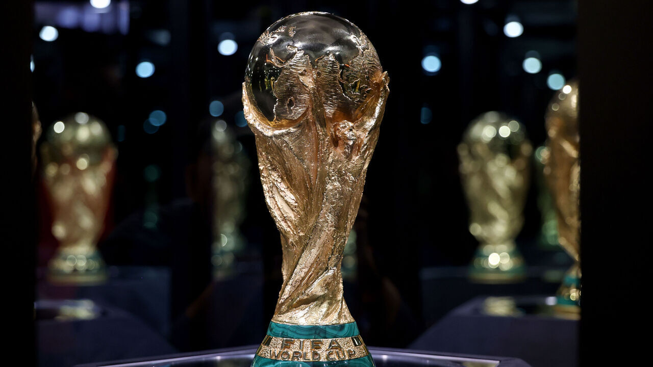 HOUSTON, TEXAS - MAY 02: The original trophy is seen at the FIFA World Cup 26 Trophy Tour on May 02, 2026 in Houston, Texas.