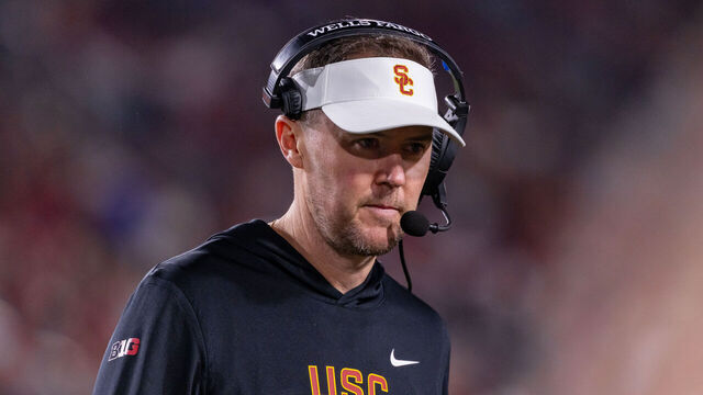 LOS ANGELES, CALIFORNIA - NOVEMBER 7: Head coach Lincoln Riley of the USC Trojans looks on during the first half of a game against the Northwestern Wildcats at Los Angeles Memorial Coliseum on November 7, 2025 in Los Angeles, California.