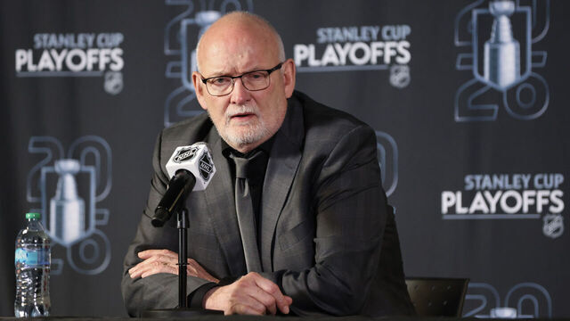 BUFFALO, NEW YORK - MAY 06: Buffalo Sabres head coach Lindy Ruff addresses the media following Game One of the Second Round of the 2026 Stanley Cup Playoffs against the Montréal Canadiens at KeyBank Center on May 06, 2026 in Buffalo, New York.
