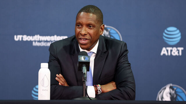 DALLAS, TX - MAY 5: Masai Ujiri talks to the media during an introductory press conference on May 5, 2026 at American Airlines Center in Dallas, Texas. Mandatory Copyright Notice: Copyright 2026 NBAE
