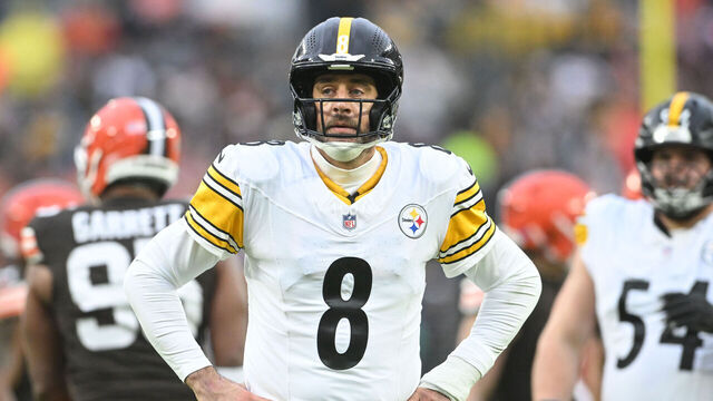 CLEVELAND, OHIO - DECEMBER 28: Aaron Rodgers #8 of the Pittsburgh Steelers reacts during the first quarter against the Cleveland Browns at Huntington Bank Field on December 28, 2025 in Cleveland, Ohio.