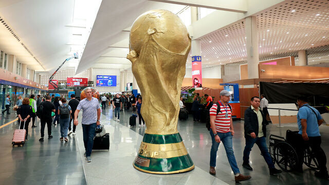 MEXICO CITY, MEXICO - MAY 11: A sculpture of the FIFA World Cup trophy is seen in Terminal 2 of Benito Juarez International Airport on May 11, 2026 in Mexico City, Mexico. Mexico City will host the FIFA World Cup 2026, hosting this tournament for the third time in history.