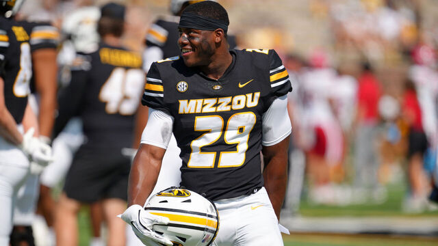COLUMBIA, MISSOURI - SEPTEMBER 13: Running back Ahmad Hardy #29 of the Missouri Tigers is seen during warms up prior to a game against the Louisiana Ragin Cajuns at Faurot Field at Memorial Stadium on September 13, 2025 in Columbia, Missouri.