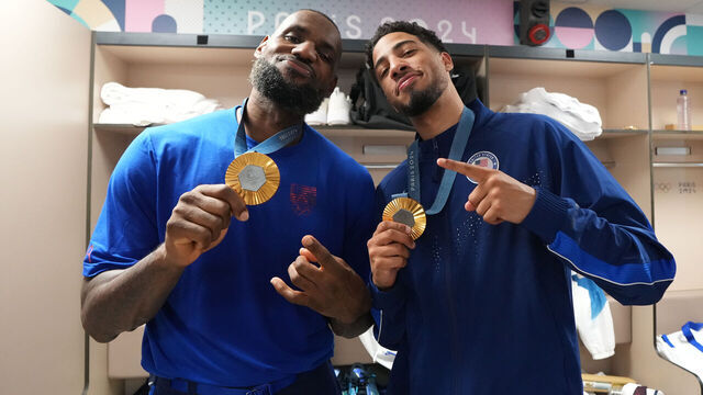 PARIS, FRANCE - AUGUST 10: LeBron James #6 and Tyrese Haliburton #9 of Team USA pose for a photo after winning the Men's Gold Medal Game on August 10, 2024 at the AccorHotels Arena in Paris, France. NOTE TO USER: User expressly acknowledges and agrees that, by downloading and/or using this photograph, user is consenting to the terms and conditions of the Getty Images License Agreement. Mandatory Copyright Notice: Copyright 2024 NBAE