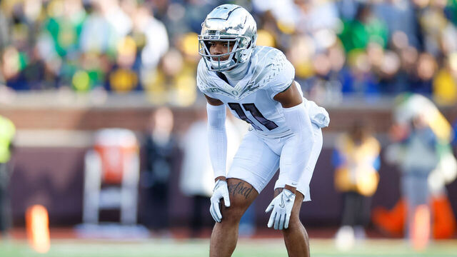 ANN ARBOR, MICHIGAN - NOVEMBER 2: Dakoda Fields #11 of the Oregon Ducks lines up in the secondary during the first half of a game against the Michigan Wolverines at Michigan Stadium on November 2, 2024 in Ann Arbor, Michigan.