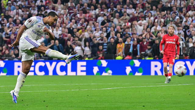 Aston Villa's Belgian midfielder #08 Youri Tielemans kicks the ball to score his team's first goal during the UEFA Europa League final football match between SC Freiburg and Aston Villa at Besiktas Park in Istanbul on May 20, 2026.
