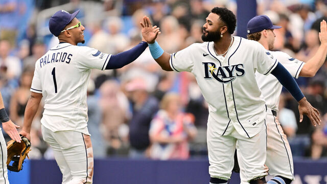 ST PETERSBURG, FLORIDA - MAY 20: Junior Caminero #13 celebrates with Richie Palacios #1 of the Tampa Bay Rays after defeating the Baltimore Orioles 5-3 at Tropicana Field on May 20, 2026 in St Petersburg, Florida.