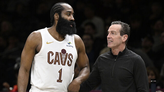 BROOKLYN, NY - MARCH 1: James Harden #1 and Head Coach Kenny Atkinson of the Cleveland Cavaliers talk during the game against the Brooklyn Nets on March 1, 2026 at Barclays Center in Brooklyn, New York. Mandatory Copyright Notice: Copyright 2026 NBAE