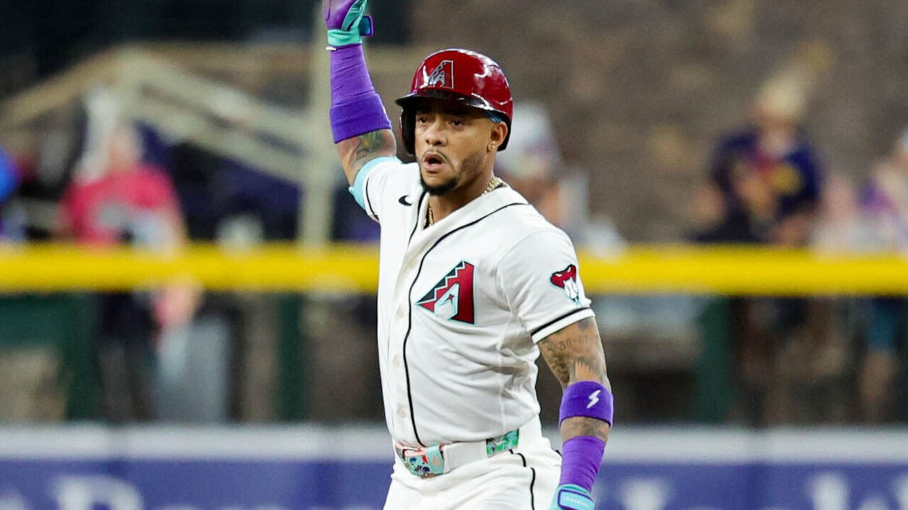 PHOENIX, AZ - MAY 20: Ketel Marte #4 of the Arizona Diamondbacks celebrates his double in the first inning during the game between the San Francisco Giants and the Arizona Diamondbacks at Chase Field on Wednesday, May 20, 2026 in Phoenix, Arizona.