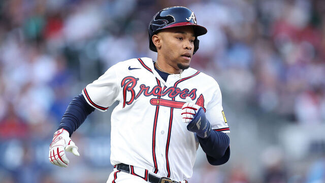 ATLANTA, GEORGIA - MAY 13: José Azócar #38 of the Atlanta Braves hits a single in the third inning against the Chicago Cubs at Truist Park on May 13, 2026 in Atlanta, Georgia.