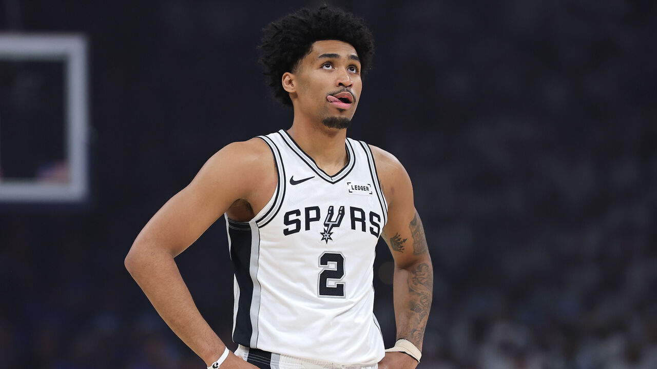 OKLAHOMA CITY, OKLAHOMA - MAY 20: Dylan Harper #2 of the San Antonio Spurs looks on during the first quarter of a game against the Oklahoma City Thunder in Game Two of the NBA Western Conference Finals at Paycom Center on May 20, 2026 in Oklahoma City, Oklahoma.