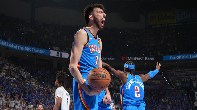 OKLAHOMA CITY, OK - MAY 20: Chet Holmgren #7 of the Oklahoma City Thunder celebrates during the game against the San Antonio Spurs during Game Two of the NBA Western Conference Finals on May 20, 2026 at Paycom Center in Oklahoma City, Oklahoma. Mandatory Copyright Notice: Copyright 2026 NBAE