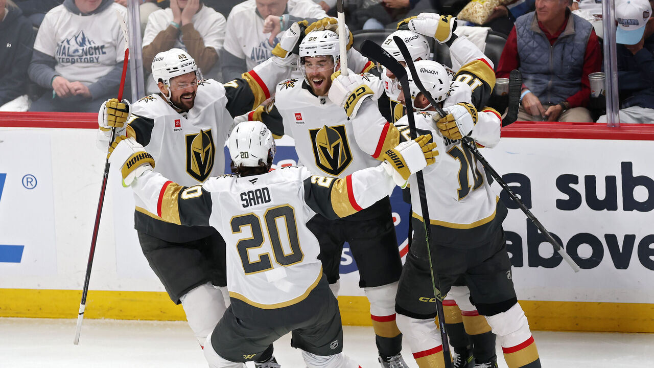 DENVER, COLORADO - MAY 20: Dylan Coghlan #52 of the Vegas Golden Knights is congratulated by teammates after scoring a second period goal against the Colorado Avalanche in Game One of the Western Conference Final of the 2026 Stanley Cup Playoffs at Ball Arena on May 20, 2026 in Denver, Colorado.