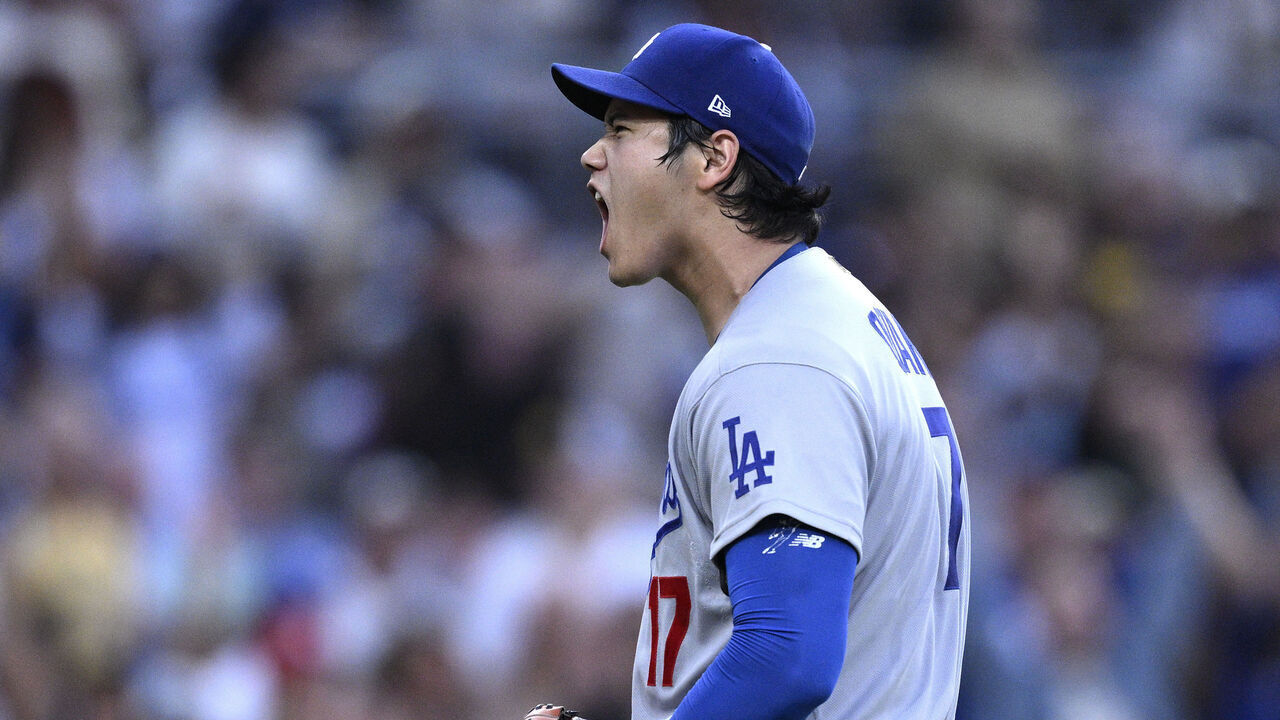 SAN DIEGO, CALIFORNIA - MAY 20: Shohei Ohtani #17 of the Los Angeles Dodgers celebrates after a double play against the San Diego Padres during the fifth inning at Petco Park on May 20, 2026 in San Diego, California.