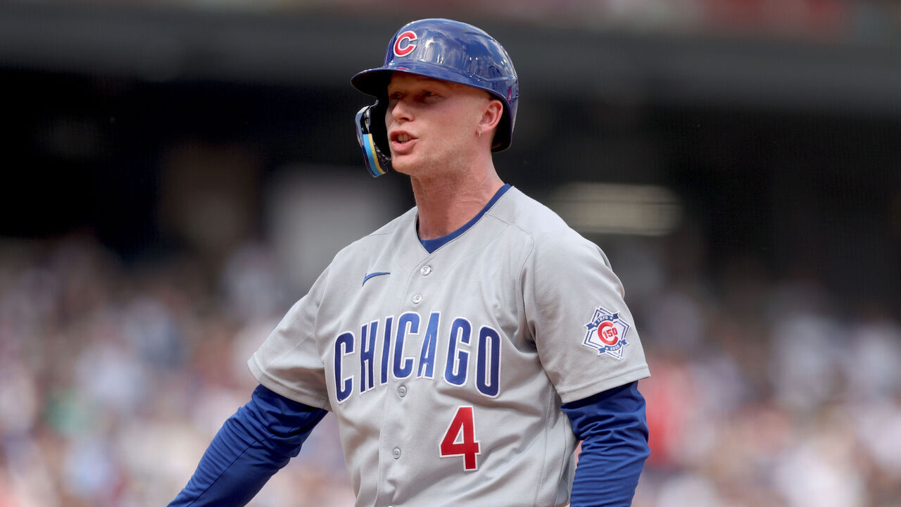 CHICAGO, ILLINOIS - MAY 17: Pete Crow-Armstrong #4 of the Chicago Cubs reacts after getting hit by a pitch in the eighth inning against the Chicago White Sox at Rate Field on May 17, 2026 in Chicago, Illinois.