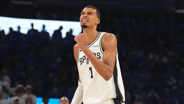 OKLAHOMA CITY, OK - MAY 20: Victor Wembanyama #1 of the San Antonio Spurs celebrates during the game against the Oklahoma City Thunder during Game Two of the NBA Western Conference Finals on May 20, 2026 at Paycom Center in Oklahoma City, Oklahoma. Mandatory Copyright Notice: Copyright 2026 NBAE