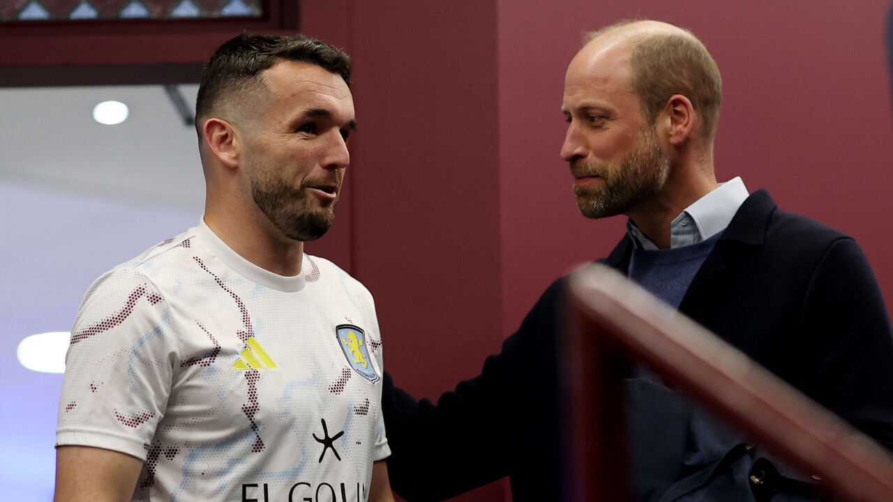 BIRMINGHAM, ENGLAND - MAY 07: William, Prince of Wales greets John McGinn of Aston Villa prior to the UEFA Europa League 2025/26 Semi-Final Second Leg match between Aston Villa FC and Nottingham Forest FC at Villa Park on May 07, 2026 in Birmingham, England.