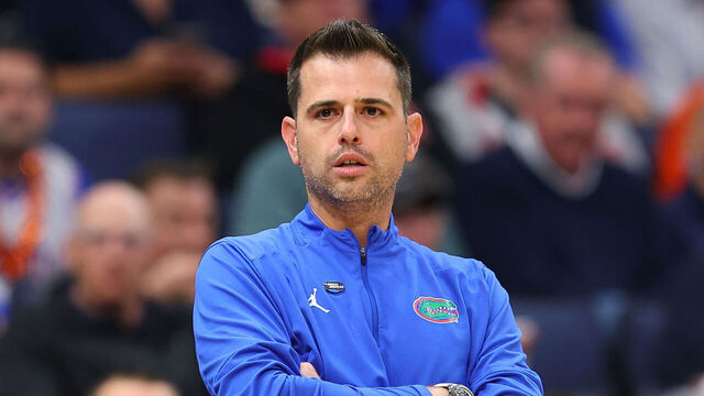TAMPA, FLORIDA - MARCH 20: Head coach Todd Golden of the Florida Gators looks on during the first half against the Prairie View A&M Panthers in the first round of the 2026 NCAA Men's Basketball Tournament at Benchmark International Arena on March 20, 2026 in Tampa, Florida.