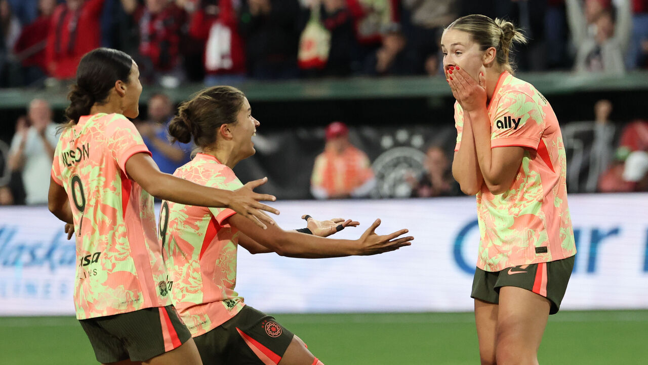 PORTLAND, OR - MAY 20: Mallie McKenzie #29 of Portland Thorns FC celebrates a goal during a game between Bay FC and Portland Thorns FC at Providence Park on May 20, 2026 in Portland, Oregon.