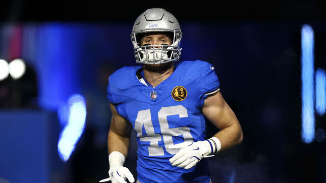 DETROIT, MICHIGAN - NOVEMBER 27: Jack Campbell #46 of the Detroit Lions runs onto the field prior to an NFL football game against the Green Bay Packers at Ford Field on November 27, 2025 in Detroit, Michigan.