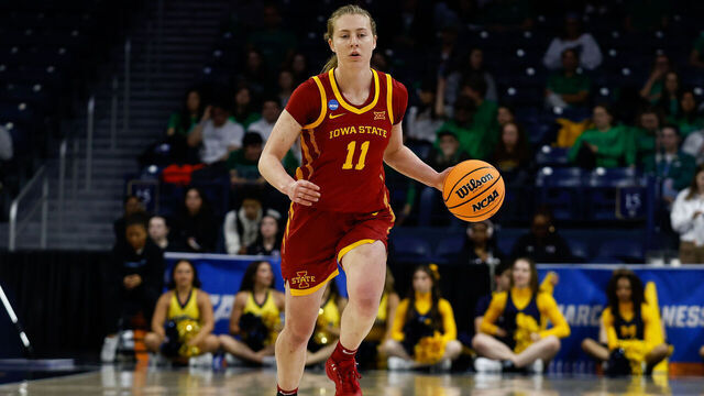 SOUTH BEND, IN - MARCH 21: Emily Ryan #11 of Iowa State dribbles the ball during the First Round of the NCAA Tournament between Iowa State and Michigan at Purcell Pavilion at The Joyce Center on March 21, 2025 in South Bend, Indiana.