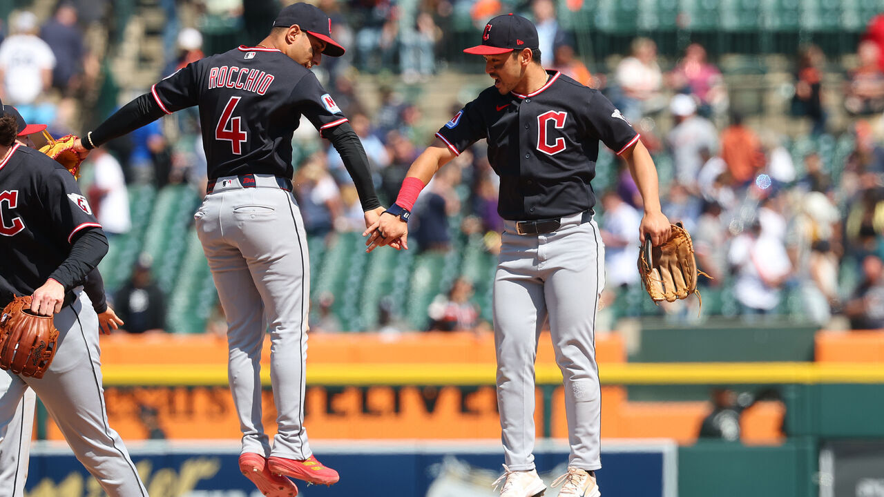 DETROIT, MICHIGAN - MAY 21: Steven Kwan #38 of the Cleveland Guardians celebrates a 3-1 win over the Detroit Tigers with Brayan Rocchio #4 at Comerica Park on May 21, 2026 in Detroit, Michigan.