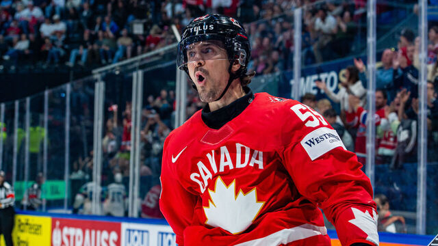 FRIBOURG, SWITZERLAND - MAY 21: Mark Scheifele #55 of Canada celebrates his goal during the 2026 IIHF Ice Hockey World Championship Switzerland game between Canada and Norway at BCF Arena on May 21, 2026 in Fribourg, Switzerland.