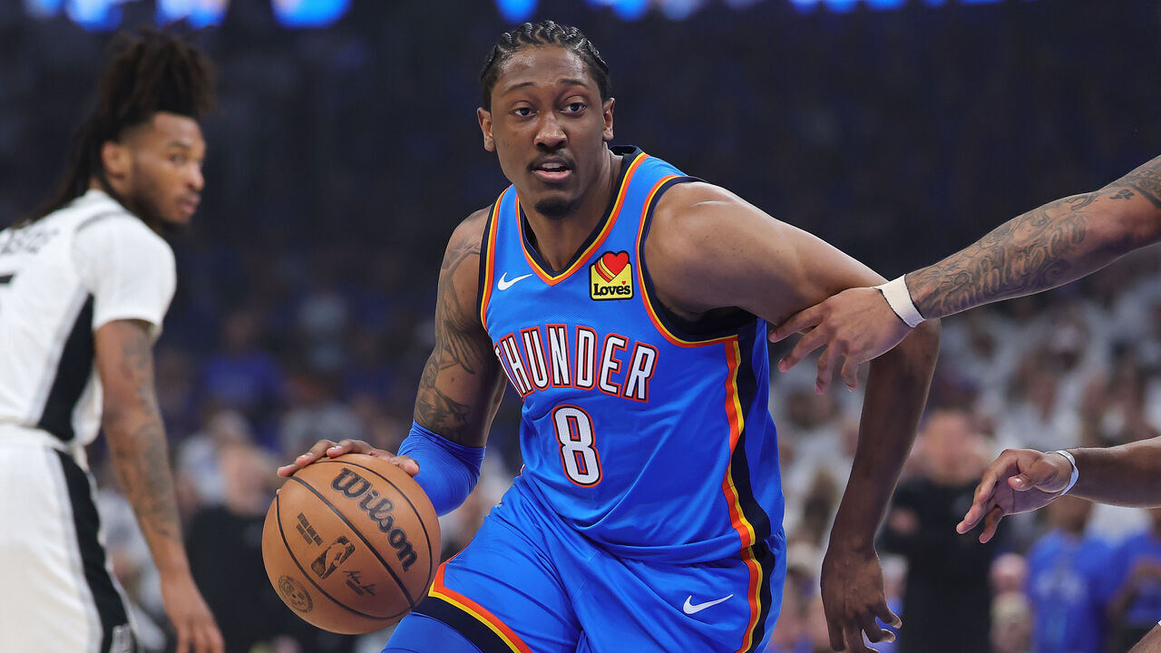 OKLAHOMA CITY, OKLAHOMA - MAY 20: Jalen Williams #8 of the Oklahoma City Thunder drives into the paint during the first quarter of a game against the San Antonio Spurs in Game Two of the NBA Western Conference Finals at Paycom Center on May 20, 2026 in Oklahoma City, Oklahoma.