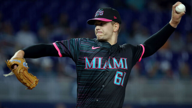MIAMI, FLORIDA - MAY 8: Robby Snelling #61 of the Miami Marlins pitches in his MLB Debut during the first inning against the Washington Nationals at loanDepot park on May 8, 2026 in Miami, Florida.
