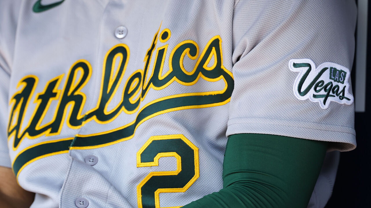 ATLANTA, GEORGIA - APRIL 1: Detailed view of a Las Vegas patch attached to an Athletics jersey during the game between the Athletics and Atlanta Braves at Truist Park on April 1, 2026 in Atlanta, Georgia.