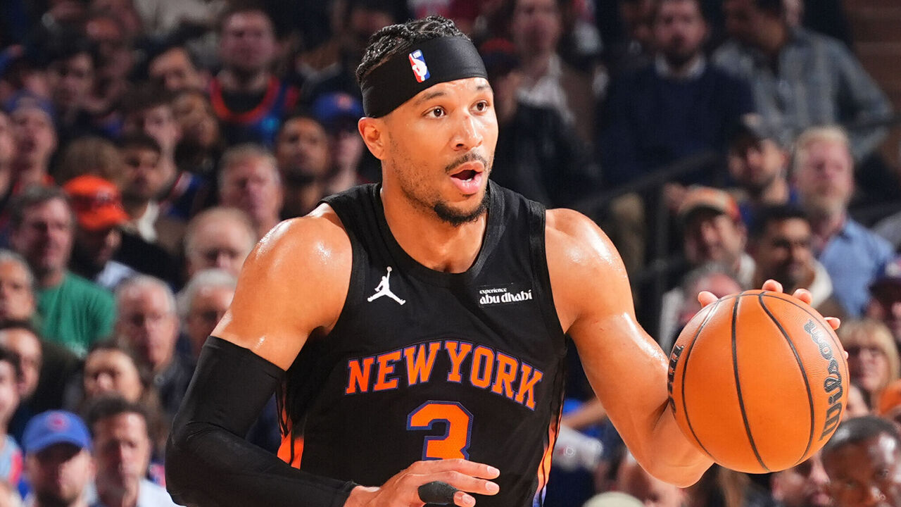 NEW YORK, NY - MAY 21: Josh Hart #3 of the New York Knicks dribbles the ball during the game against the Cleveland Cavaliers during Game Two of the NBA Eastern Conference Finals on May 21, 2026 at Madison Square Garden in New York City, New York. Mandatory Copyright Notice: Copyright 2026 NBAE