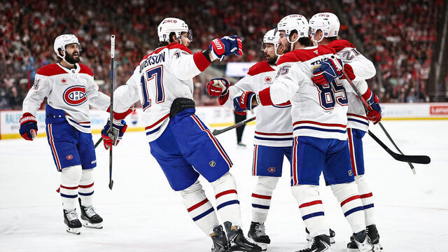 RALEIGH, NORTH CAROLINA - MAY 21: Alexandre Texier #85 of the Montreal Canadiens celebrates with his teammates after scoring a goal on Frederik Andersen #31 of the Carolina Hurricanes during the first period in Game One of the Eastern Conference Final of the 2026 Stanley Cup Playoffs at Lenovo Center on May 21, 2026 in Raleigh, North Carolina.