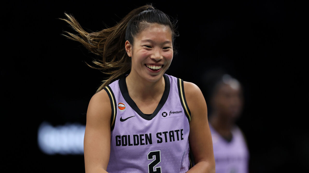 NEW YORK, NEW YORK - MAY 21: Kaitlyn Chen #2 of the Golden State Valkyries reacts during the second half against the New York Liberty at Barclays Center on May 21, 2026 in the Brooklyn borough of New York City.