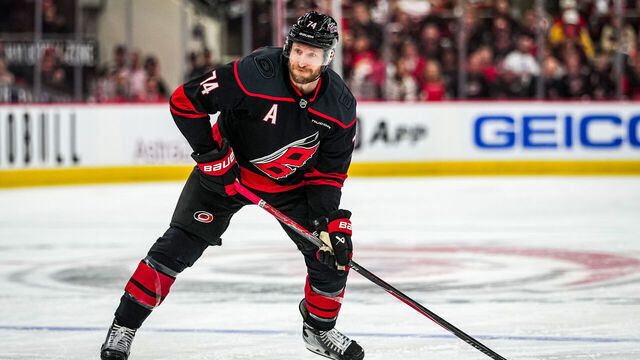 RALEIGH, NORTH CAROLINA - MAY 04: Jaccob Slavin #74 of the Carolina Hurricanes shoots the puck during the first period against the Philadelphia Flyers in Game Two of the Second Round of the 2026 Stanley Cup Playoffs at Lenovo Center on May 04, 2026 in Raleigh, North Carolina.