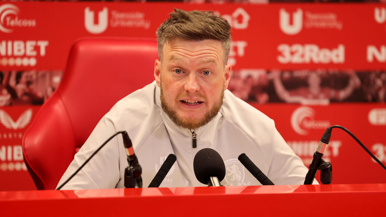 Middlesbrough manager Kim Hellberg speaks to the media during a press conference at Rockliffe Park Training Ground, Middlesbrough. Middlesbrough have been reinstated to the play-offs and set to take Southampton's place in Saturday's final against Hull. Southampton have been expelled from the Championship play-offs after admitting to spying on opponents. Picture date: Thursday May 21, 2026.
