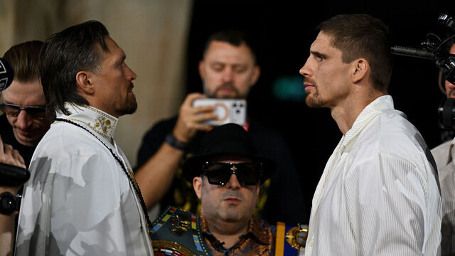 CAIRO, EGYPT - MAY 21: Oleksandr Usyk faces off with Rico Verhoeven during a Glory in Giza Press Conference ahead of the WBC heavyweight at Grand Egyptian Museum on May 21, 2026 in Cairo, Egypt.