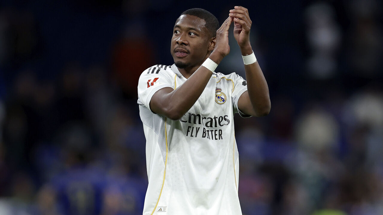 MADRID, SPAIN - MAY 14: David Alaba of Real Madrid celebrates the victory during the LaLiga EA Sports match between Real Madrid v Real Oviedo at the Estadio Santiago Bernabeu on May 14, 2026 in Madrid Spain