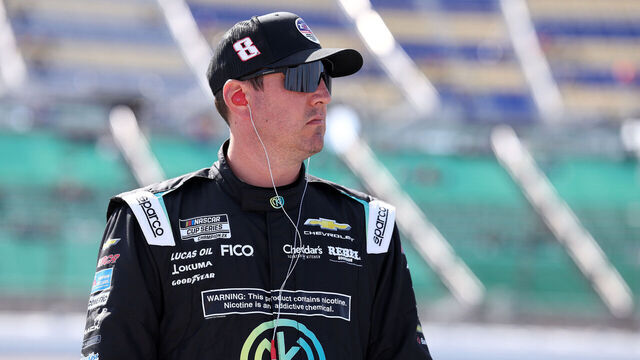 KANSAS CITY, KANSAS - APRIL 18: Kyle Busch, driver of the #8 Nicokick x zone Cranberry Chevrolet, looks on during qualifying for the NASCAR Cup Series AdventHealth 400 at Kansas Speedway on April 18, 2026 in Kansas City, Kansas.