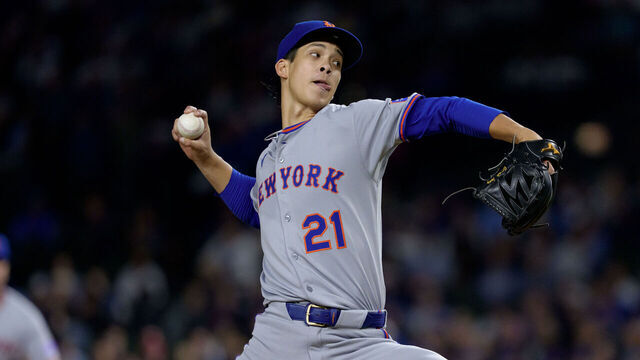 CHICAGO, ILLINOIS - SEPTEMBER 24: Jonah Tong #21 of the New York Mets pitches in a game against the Chicago Cubs at Wrigley Field on September 24, 2025 in Chicago, Illinois.