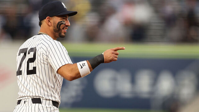 NEW YORK, NEW YORK - MAY 06: José Caballero #72 of the New York Yankees reacts to a play during the first inning against the Texas Rangers at Yankee Stadium on May 06, 2026 in the Bronx borough of New York City.