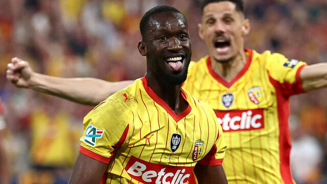 Lens' Senegalese forward #19 Abdallah Sima (L) celebrates with Lens' French forward #07 Florian Sotoca scoring his team's third goal during the French Cup final football match between RC Lens and OGC Nice at the Stade de France stadium, in Saint-Denis, on the outskirts of Paris, on May 22, 2026.
