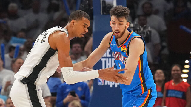 OKLAHOMA CITY, OK - MAY 20: Victor Wembanyama #1 of the San Antonio Spurs plays defense on Chet Holmgren #7 of the Oklahoma City Thunder during the game during Game Two of the NBA Western Conference Finals on May 20, 2026 at Paycom Center in Oklahoma City, Oklahoma. Mandatory Copyright Notice: Copyright 2026 NBAE