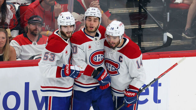 RALEIGH, NORTH CAROLINA - MAY 21: Juraj Slafkovský #20 of the Montréal Canadiens (c) celebrates his third period goal against Frederik Andersen #31 of the Carolina Hurricanes in Game One of the Eastern Conference Final of the 2026 Stanley Cup Playoffs at the Lenovo at Lenovo Center on May 21, 2026 in Raleigh, North Carolina.