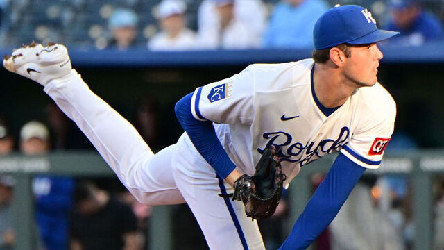 KANSAS CITY, MO - MAY 06: Kansas City Royals starting pitcher Cole Ragans (55) pitches in the first inning during a MLB game between the Cleveland Guardians and the Kansas City Royals on May 06, 2026, at Kauffman Stadium in Kansas City, MO.