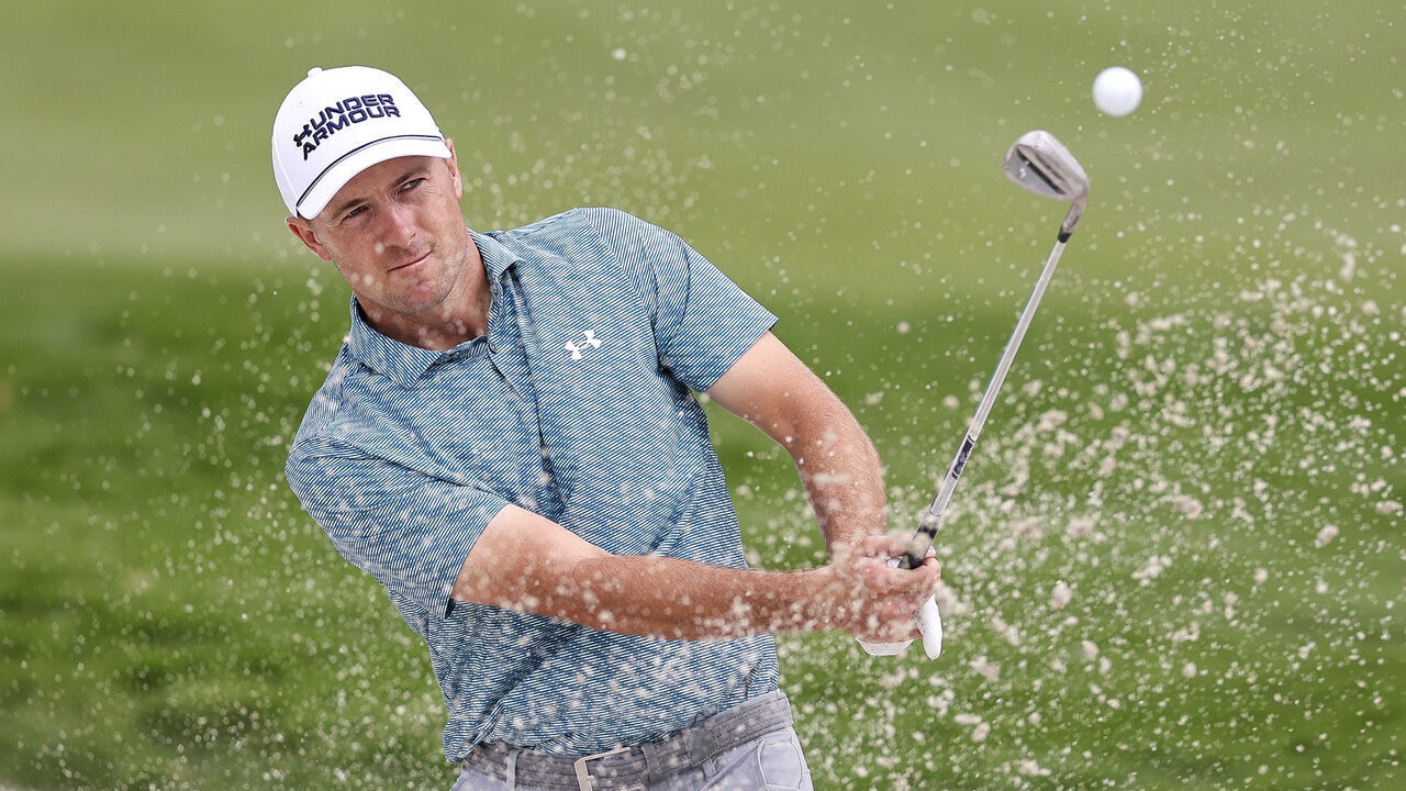 MCKINNEY, TEXAS - MAY 22: Jordan Spieth of the United States hits out of a greenside bunker on the 16th hole during the second round of THE CJ CUP Byron Nelson 2026 at TPC Craig Ranch on May 22, 2026 in McKinney, Texas.